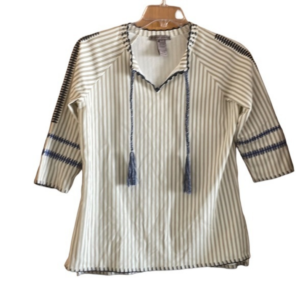 Sharon Young Tan Striped Nautical Blouse Tunic Embroidered Womens Small Cotton‎